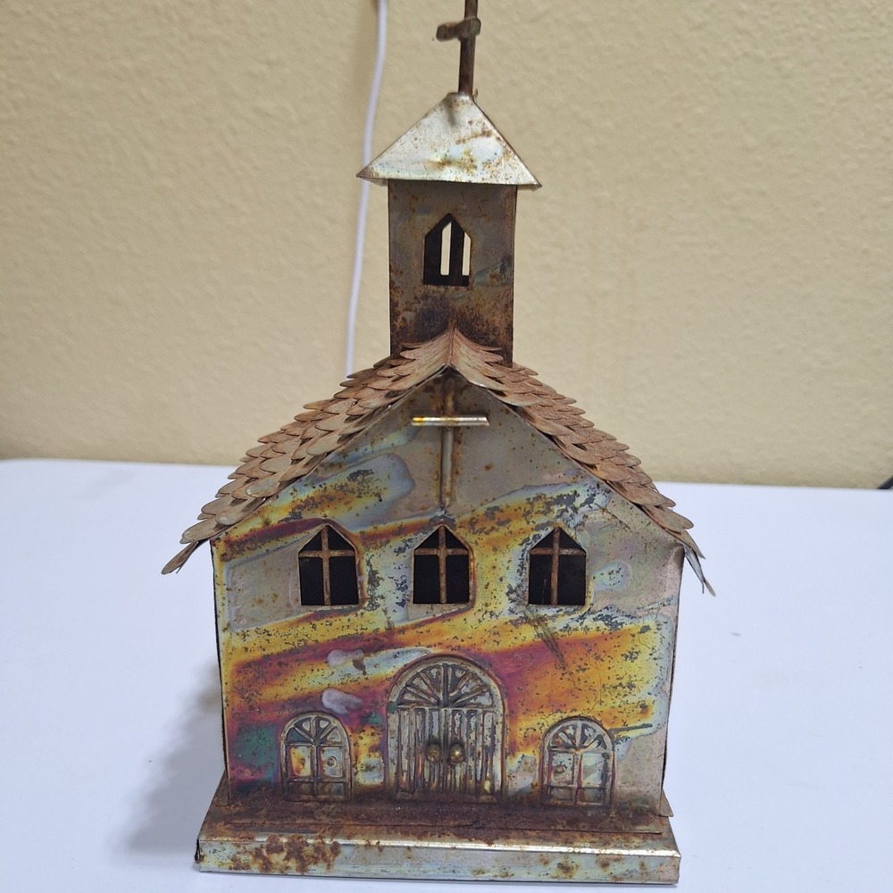Vintage Berkeley Designs Metal Church Music Box Spinning Cross Rustic Chapel Dec